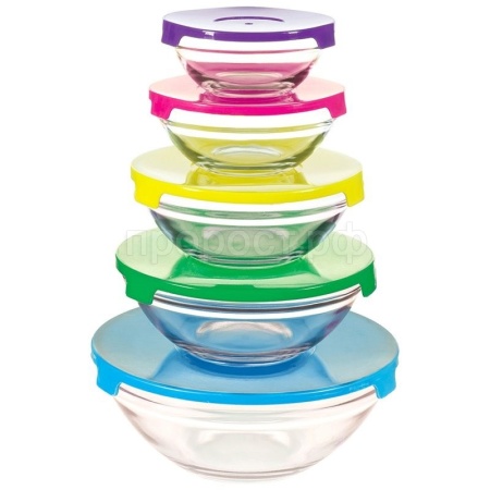 Набор стекл. мисок INSALATO 5шт (150+210+360+510+920мл) с пластиковыми крышками 