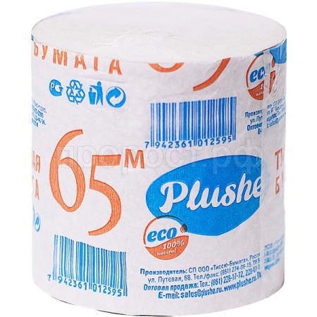 Туалетная бумага 1 слой "EcoPlushe" 65м без втулки серый